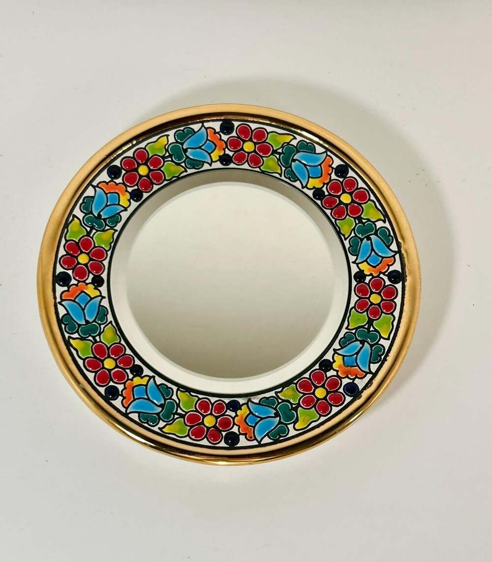 Round 5.5 "Small Beveled Mirror Cearco Decorative Colorful Floral Motif 24K Gold